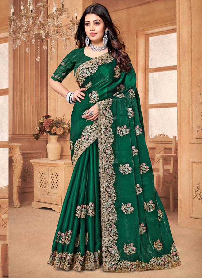 Crepe Silk Bottle Green Wedding Wear Zarkan Work Saree